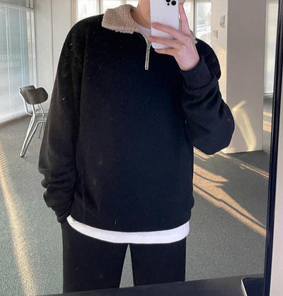 Plüsch-Winterpullover mit Viertelreißverschluss