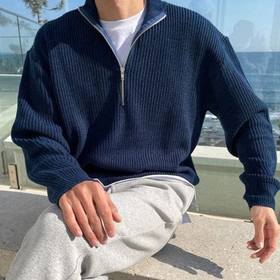 Lässiger Strickpullover mit Viertelreißverschluss und Rippstrick