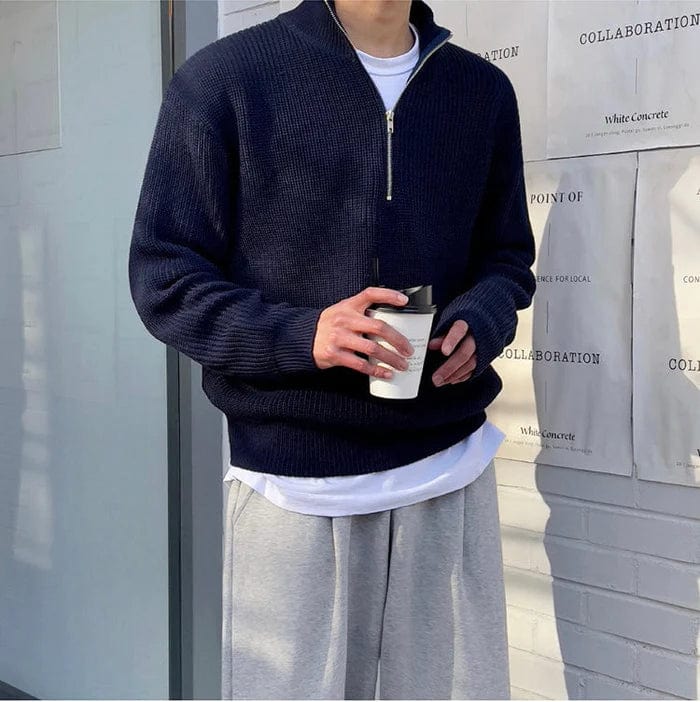 Lässiger Strickpullover mit Viertelreißverschluss und Rippstrick
