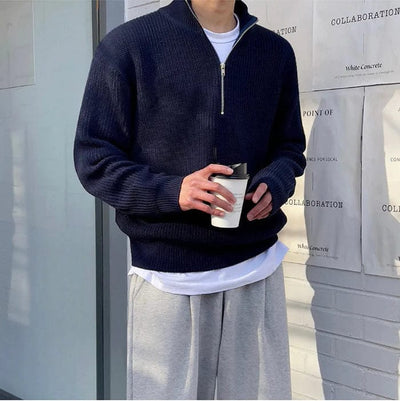 Lässiger Strickpullover mit Viertelreißverschluss und Rippstrick