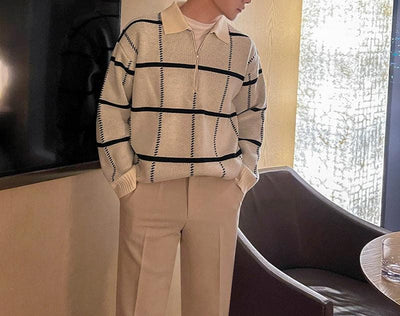 Herren-Strickpullover mit Viertelreißverschluss und Karomuster