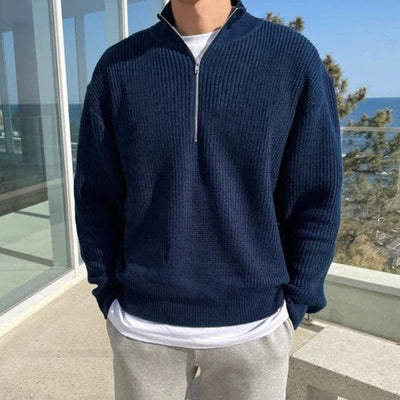 Lässiger Strickpullover mit Viertelreißverschluss und Rippstrick