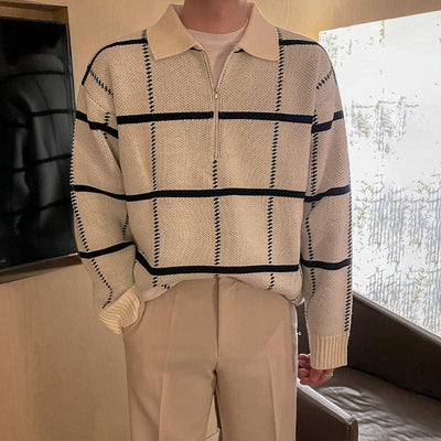 Herren-Strickpullover mit Viertelreißverschluss und Karomuster