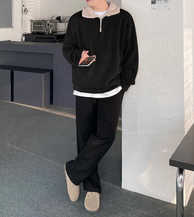 Plüsch-Winterpullover mit Viertelreißverschluss