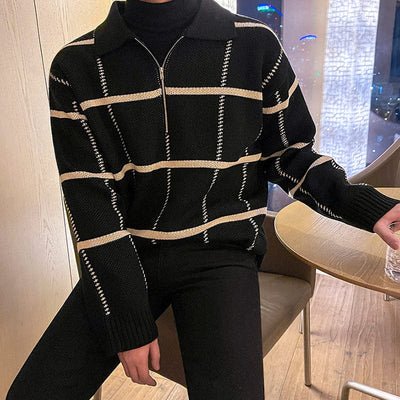 Herren-Strickpullover mit Viertelreißverschluss und Karomuster