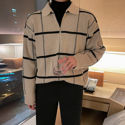 Herren-Strickpullover mit Viertelreißverschluss und Karomuster
